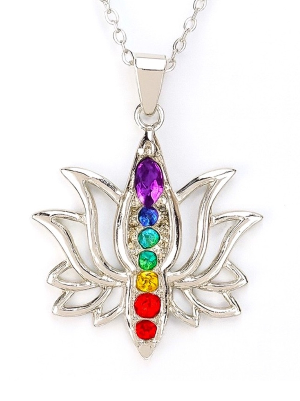Stainless Steel Lotus Chakra Necklace Rainbow Gem Pendant 18” Chain